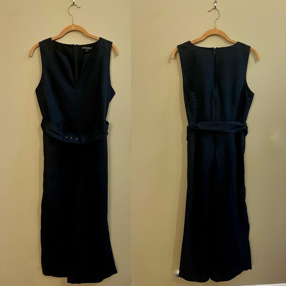 Banana Republic Romper Jumpsuit Black Linen/Cotton Wide Leg Cropped Belted Sz 10